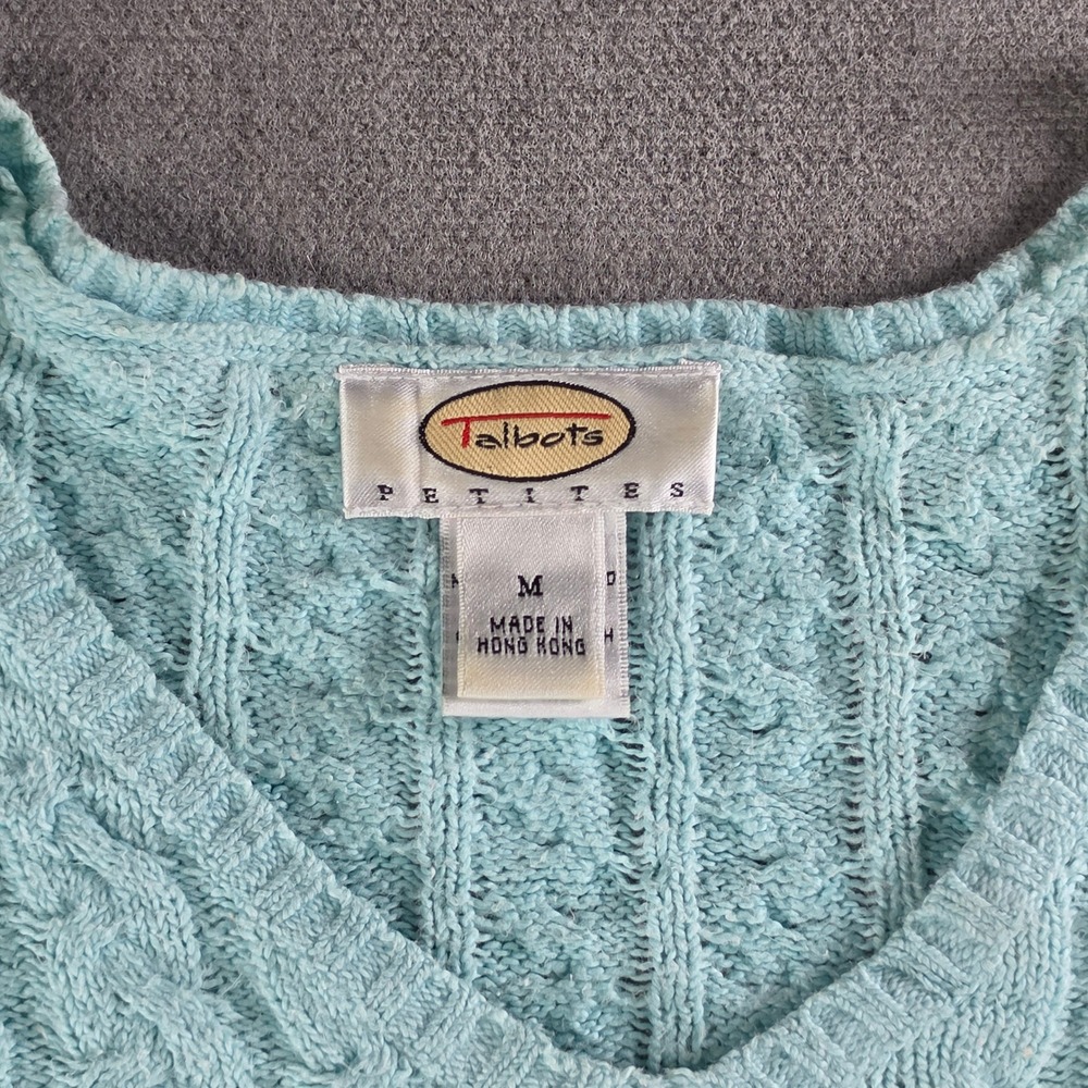 Talbots Sweater Womens Medium Petites Light Blue Cable Knit V-Neck Cotton Blend - Picture 3 of 16